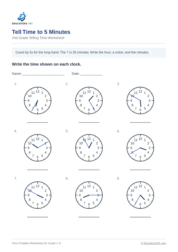 Tell Time to 5 Minutes worksheet 11 — 2nd Grade