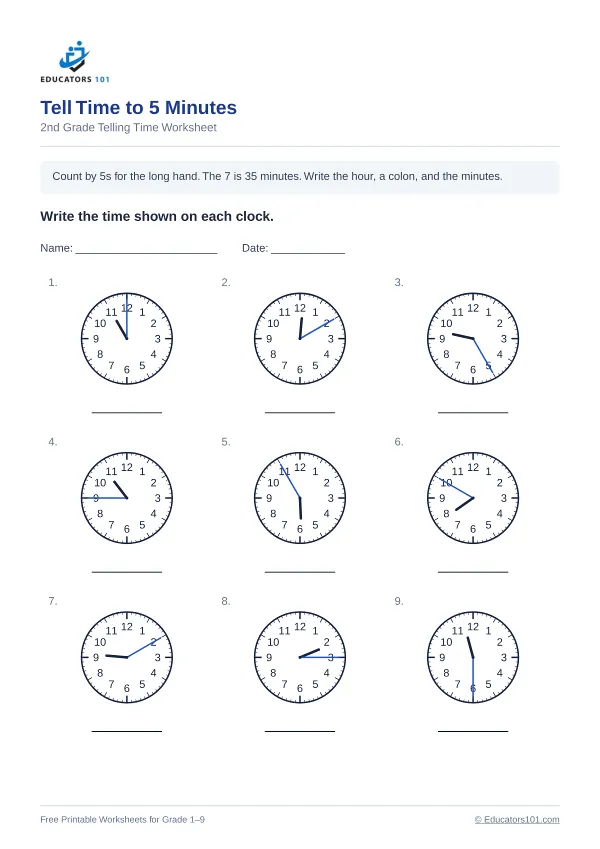 Tell Time to 5 Minutes worksheet 12 — 2nd Grade