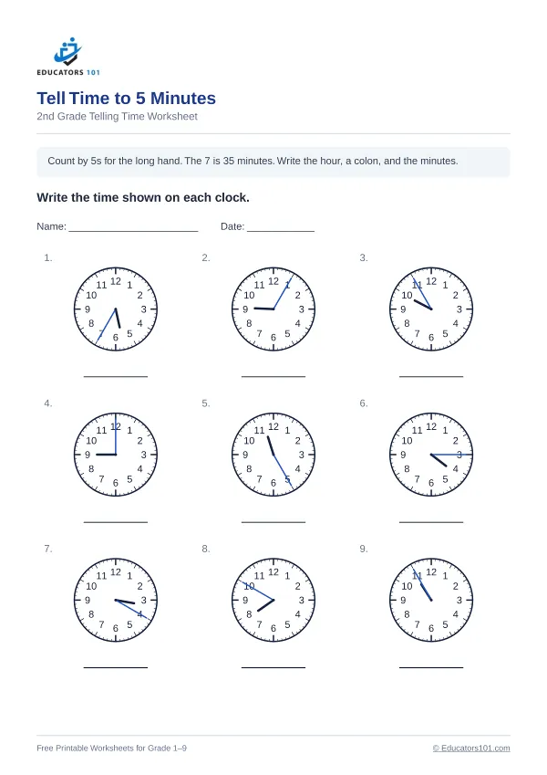 Tell Time to 5 Minutes worksheet 13 — 2nd Grade