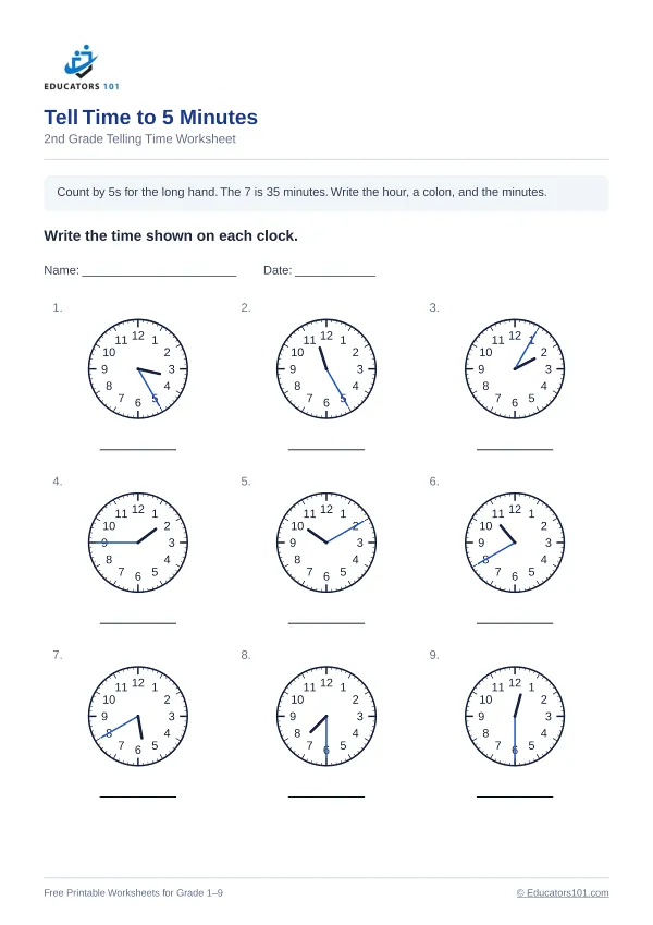 Tell Time to 5 Minutes worksheet 14 — 2nd Grade