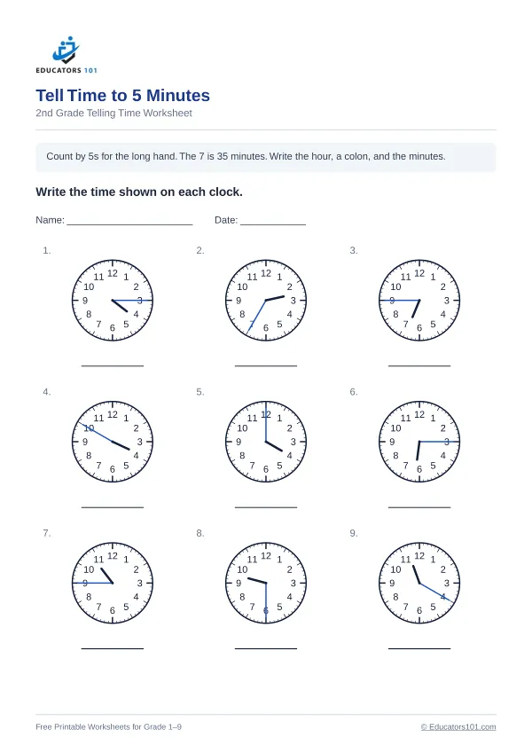 Tell Time to 5 Minutes worksheet 15 — 2nd Grade