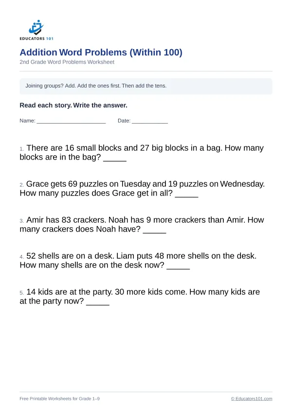 Addition Word Problems (Within 100) worksheet 1 — 2nd Grade