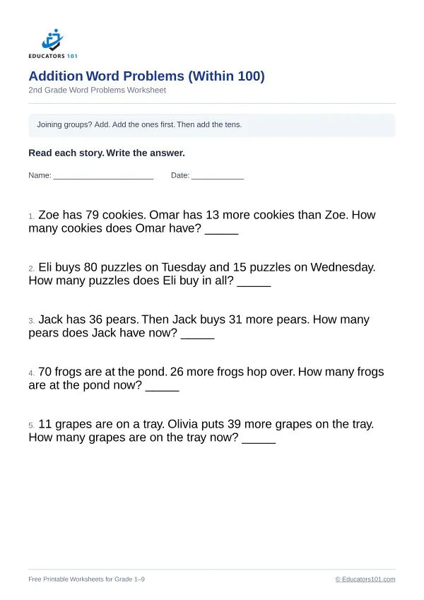 Addition Word Problems (Within 100) worksheet 4 — 2nd Grade