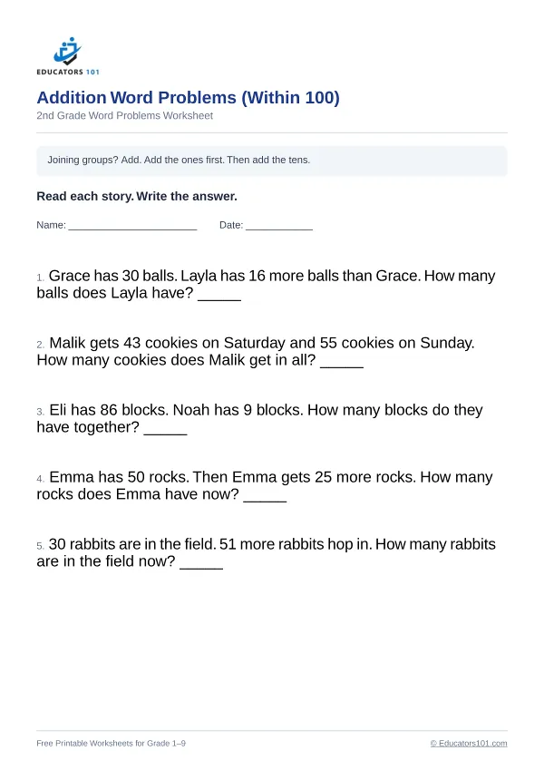 Addition Word Problems (Within 100) worksheet 5 — 2nd Grade