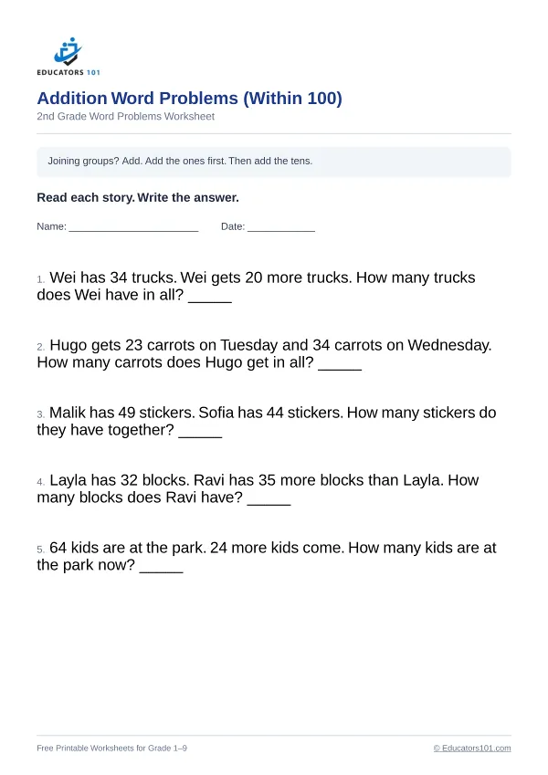 Addition Word Problems (Within 100) worksheet 6 — 2nd Grade