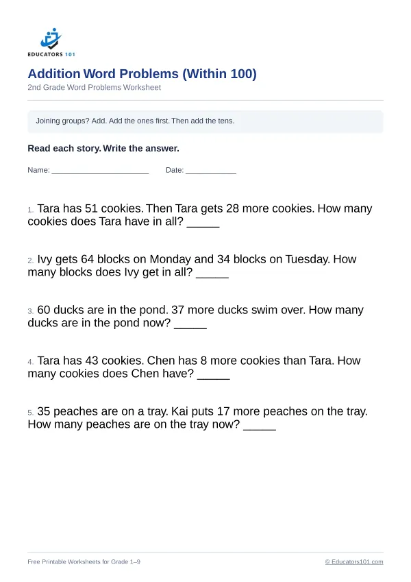 Addition Word Problems (Within 100) worksheet 7 — 2nd Grade