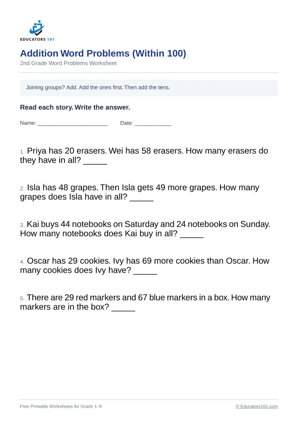 Addition Word Problems (Within 100) worksheet 8 — 2nd Grade