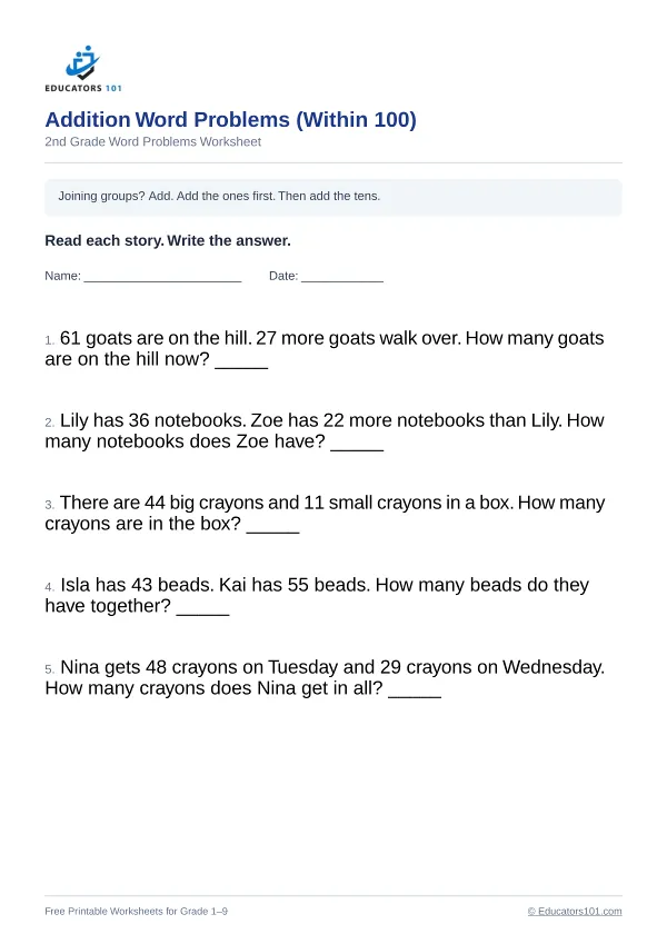 Addition Word Problems (Within 100) worksheet 10 — 2nd Grade