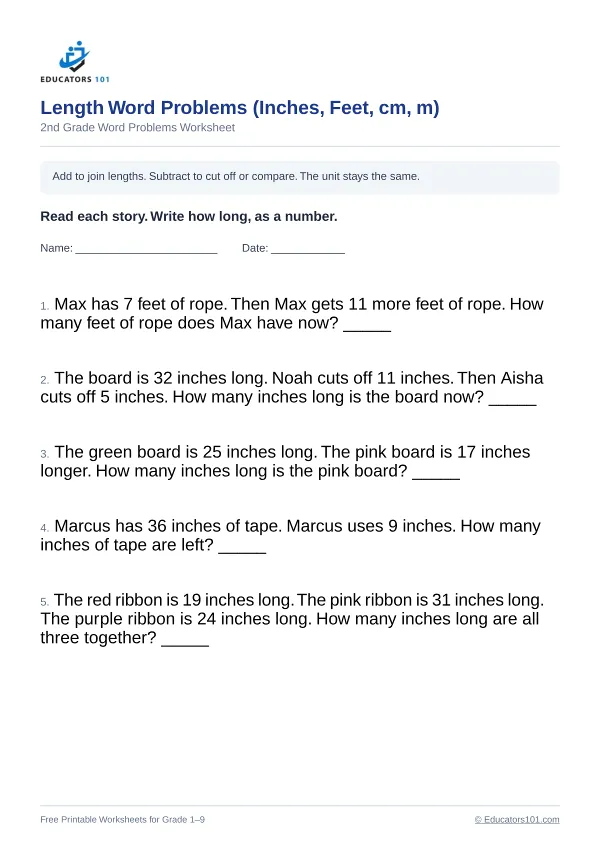 Length Word Problems (Inches, Feet, cm, m) worksheet 1 — 2nd Grade