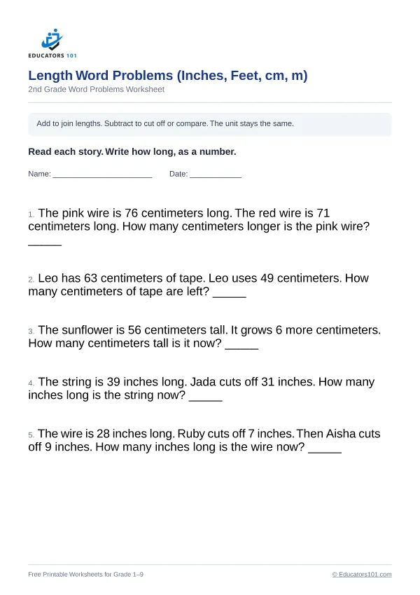 Length Word Problems (Inches, Feet, cm, m) worksheet 2 — 2nd Grade