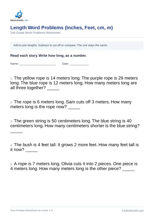 Length Word Problems (Inches, Feet, cm, m) worksheet 3 — 2nd Grade