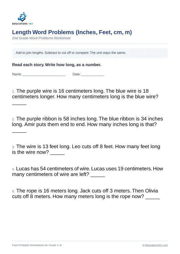 Length Word Problems (Inches, Feet, cm, m) worksheet 4 — 2nd Grade