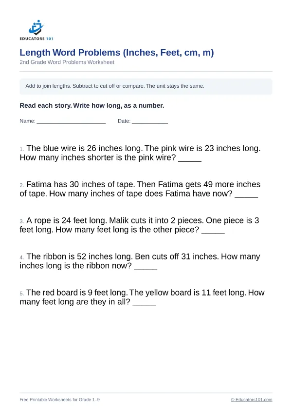 Length Word Problems (Inches, Feet, cm, m) worksheet 5 — 2nd Grade