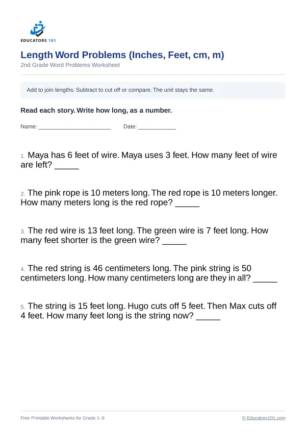 Length Word Problems (Inches, Feet, cm, m) worksheet 6 — 2nd Grade