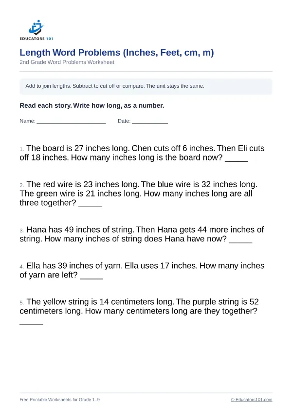 Length Word Problems (Inches, Feet, cm, m) worksheet 7 — 2nd Grade
