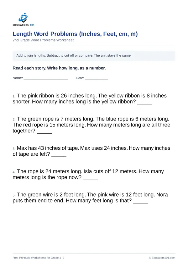 Length Word Problems (Inches, Feet, cm, m) worksheet 8 — 2nd Grade