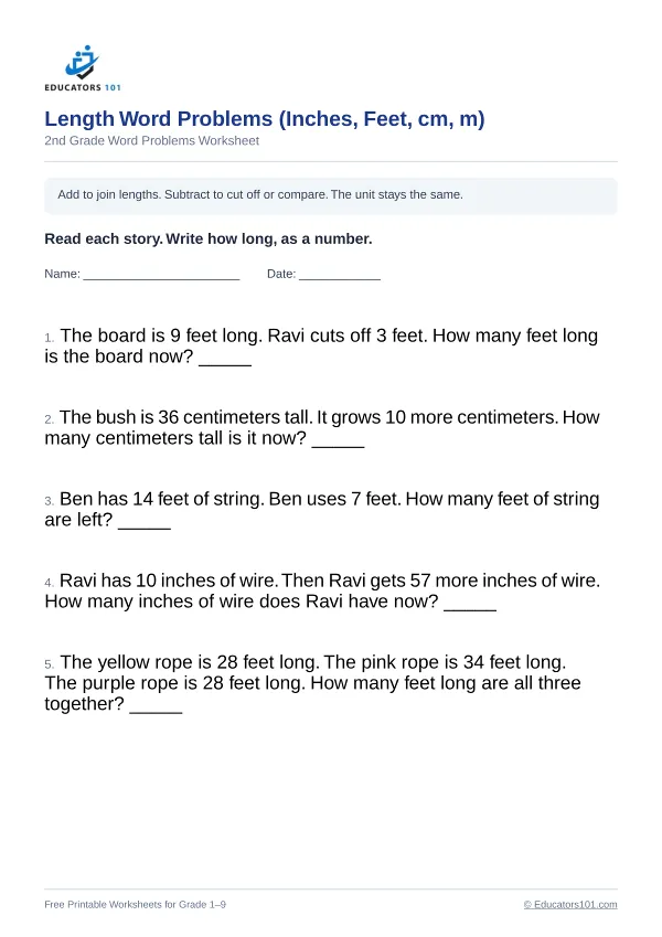 Length Word Problems (Inches, Feet, cm, m) worksheet 9 — 2nd Grade