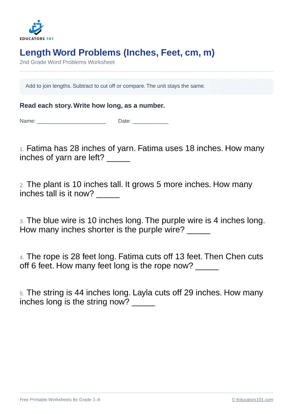 Length Word Problems (Inches, Feet, cm, m) worksheet 10 — 2nd Grade