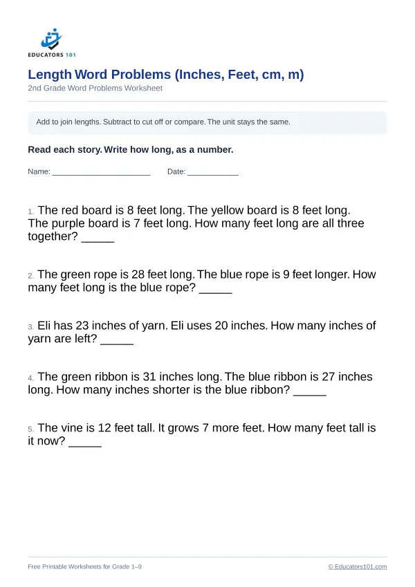 Length Word Problems (Inches, Feet, cm, m) worksheet 11 — 2nd Grade