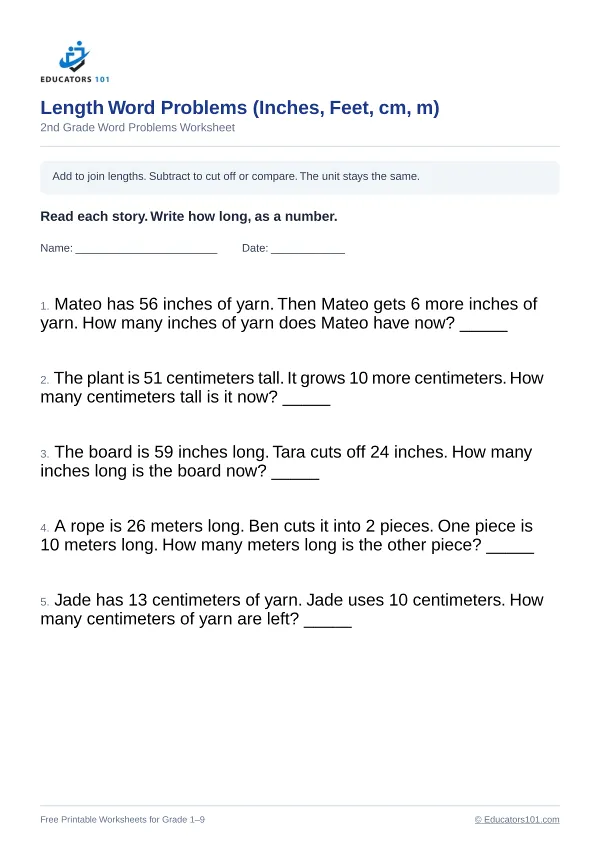 Length Word Problems (Inches, Feet, cm, m) worksheet 12 — 2nd Grade