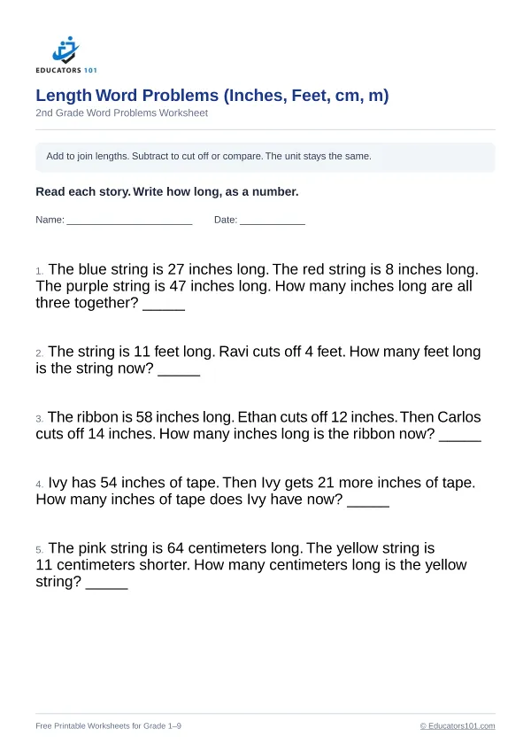 Length Word Problems (Inches, Feet, cm, m) worksheet 13 — 2nd Grade