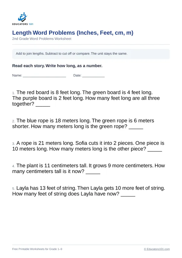Length Word Problems (Inches, Feet, cm, m) worksheet 14 — 2nd Grade