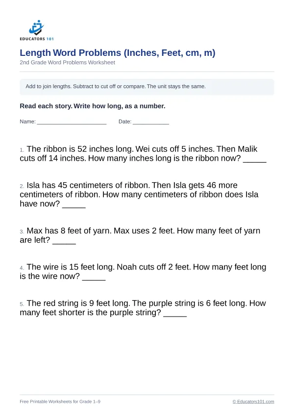 Length Word Problems (Inches, Feet, cm, m) worksheet 15 — 2nd Grade