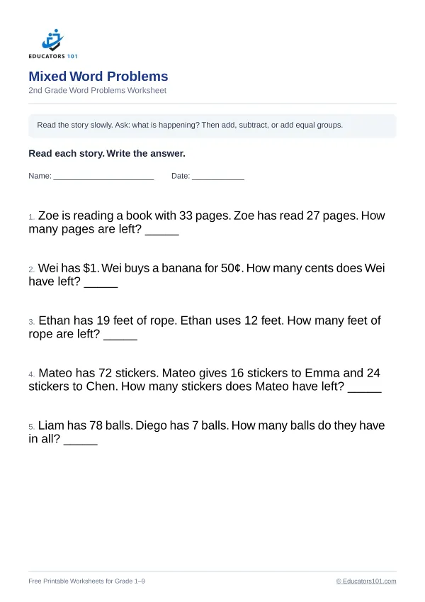 Mixed Word Problems worksheet 2 — 2nd Grade
