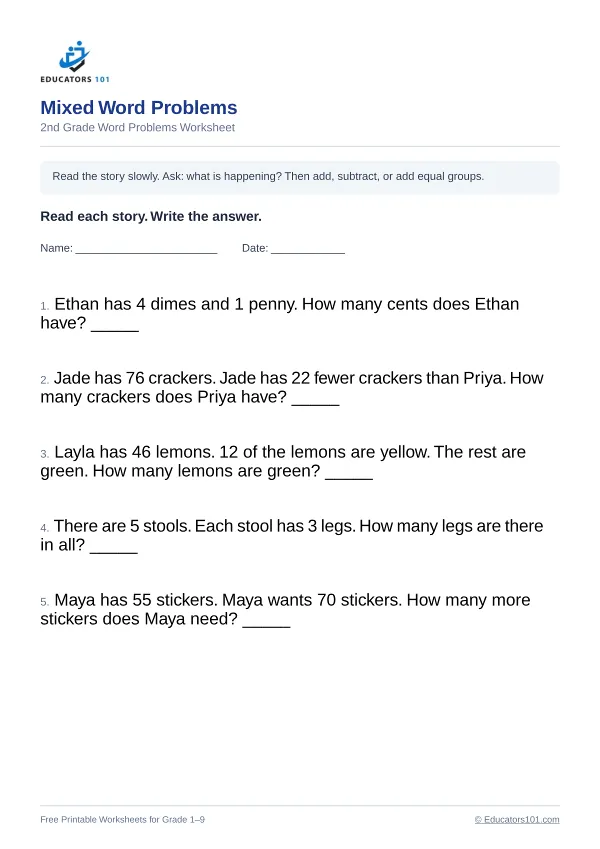 Mixed Word Problems worksheet 9 — 2nd Grade