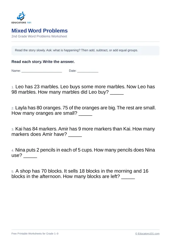Mixed Word Problems worksheet 15 — 2nd Grade
