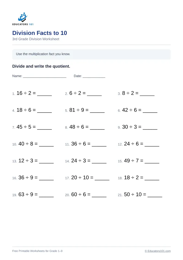 Division Facts to 10 worksheet 9 — 3rd Grade