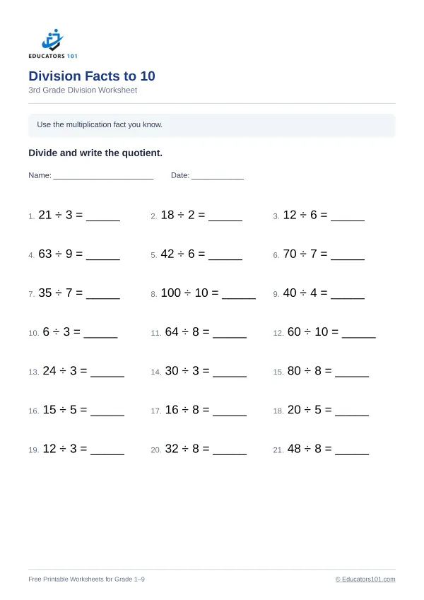 Division Facts to 10 worksheet 10 — 3rd Grade