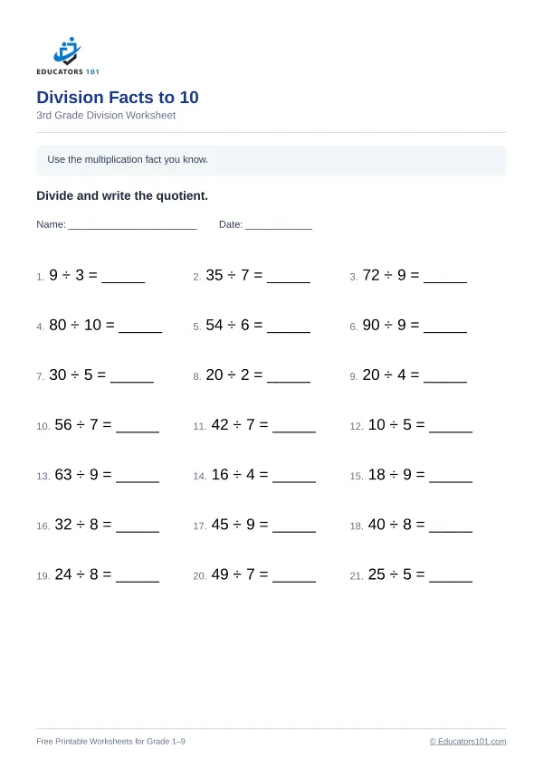 Division Facts to 10 worksheet 11 — 3rd Grade