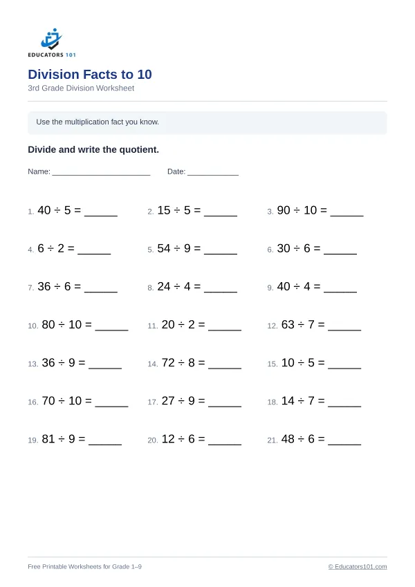 Division Facts to 10 worksheet 12 — 3rd Grade