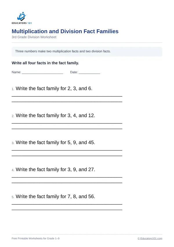Multiplication and Division Fact Families worksheet 3 — 3rd Grade