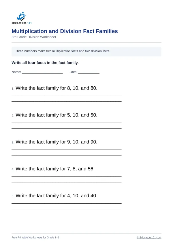 Multiplication and Division Fact Families worksheet 4 — 3rd Grade