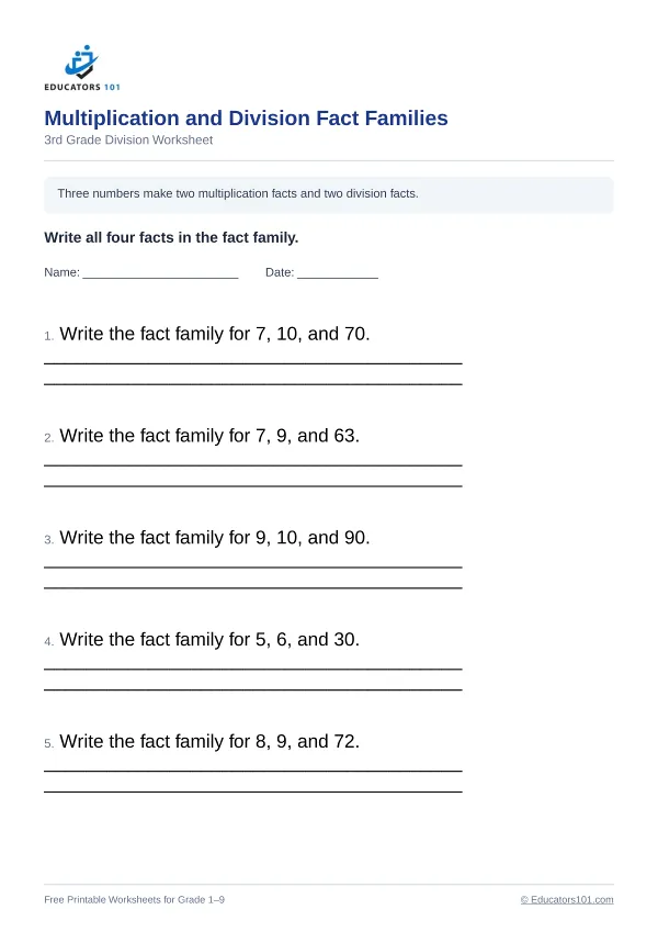 Multiplication and Division Fact Families worksheet 5 — 3rd Grade