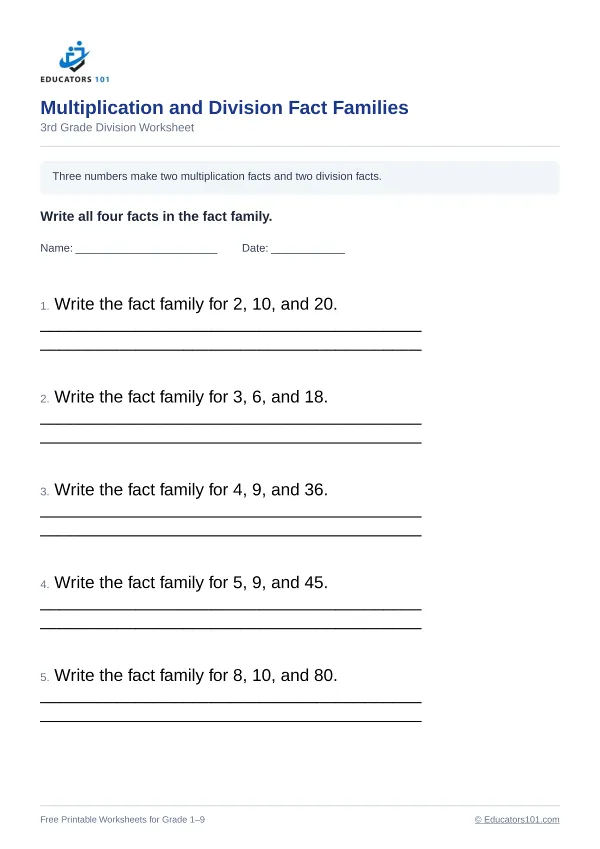 Multiplication and Division Fact Families worksheet 6 — 3rd Grade