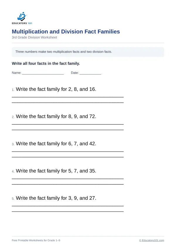 Multiplication and Division Fact Families worksheet 7 — 3rd Grade