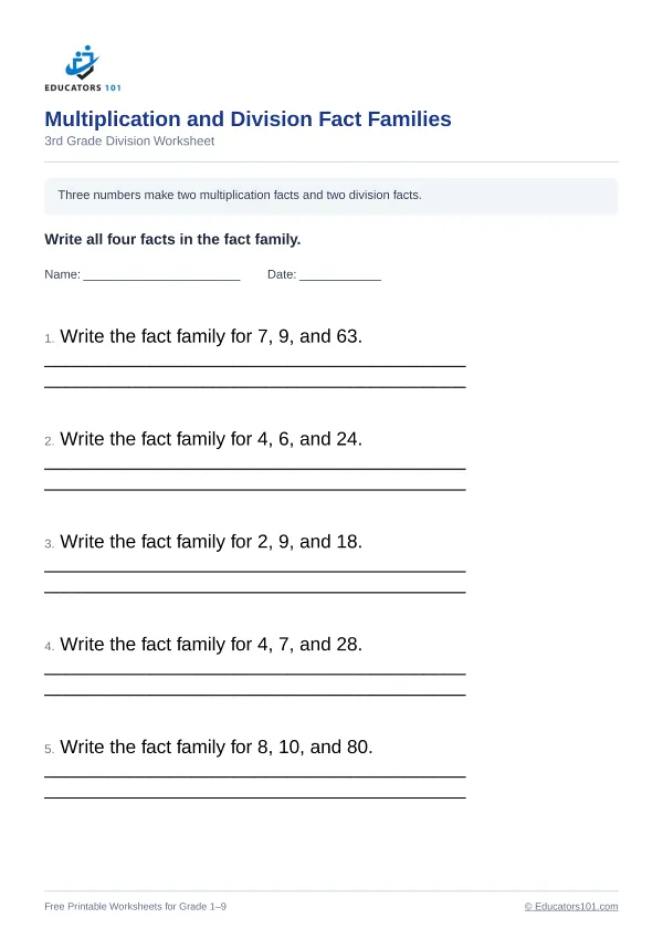 Multiplication and Division Fact Families worksheet 8 — 3rd Grade