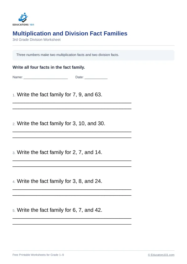 Multiplication and Division Fact Families worksheet 11 — 3rd Grade