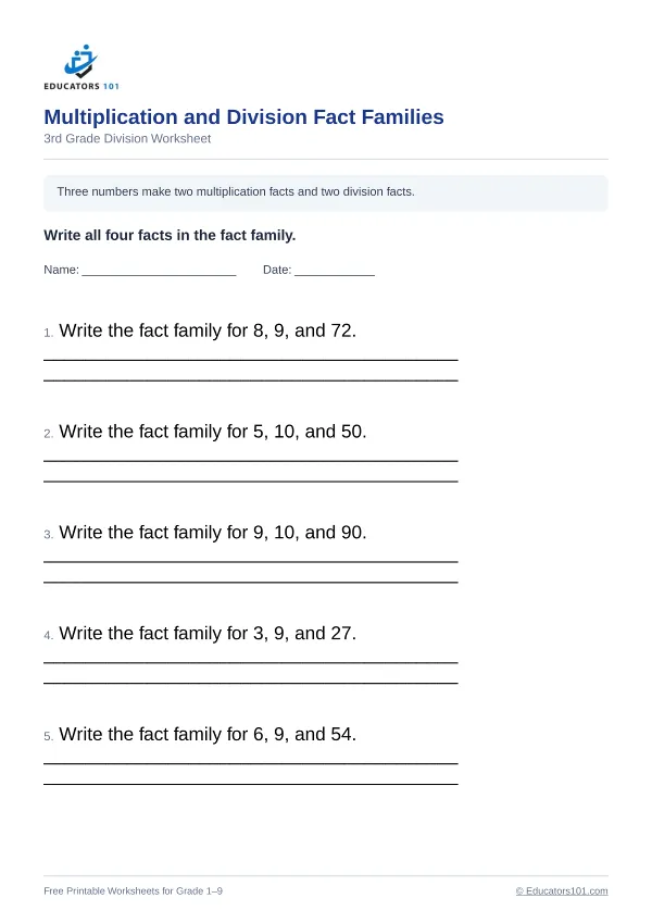 Multiplication and Division Fact Families worksheet 12 — 3rd Grade