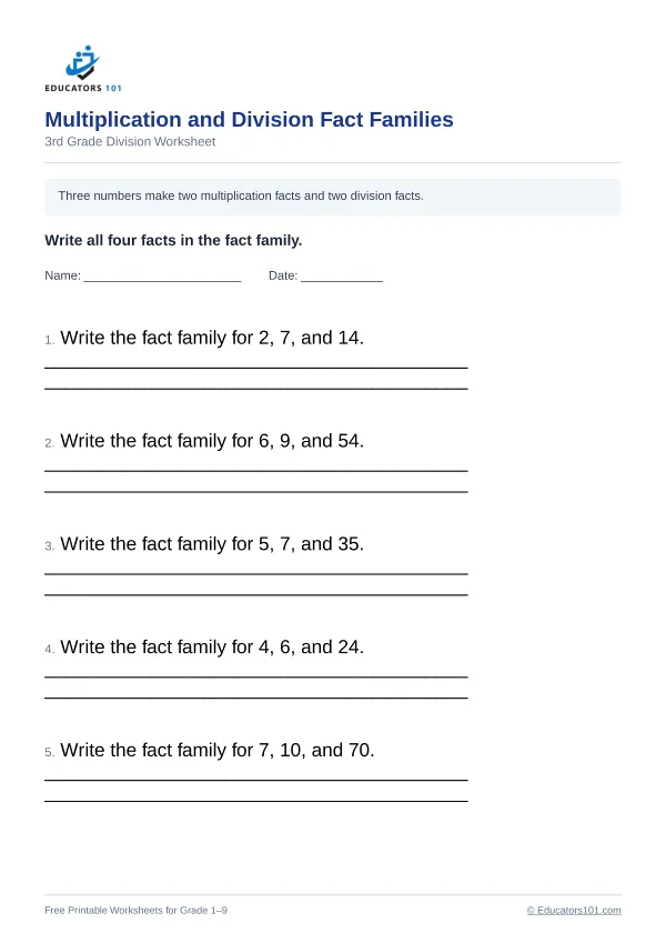 Multiplication and Division Fact Families worksheet 14 — 3rd Grade