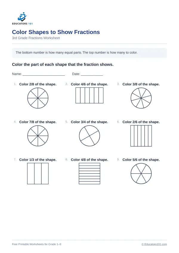 Color Shapes to Show Fractions worksheet 9 — 3rd Grade
