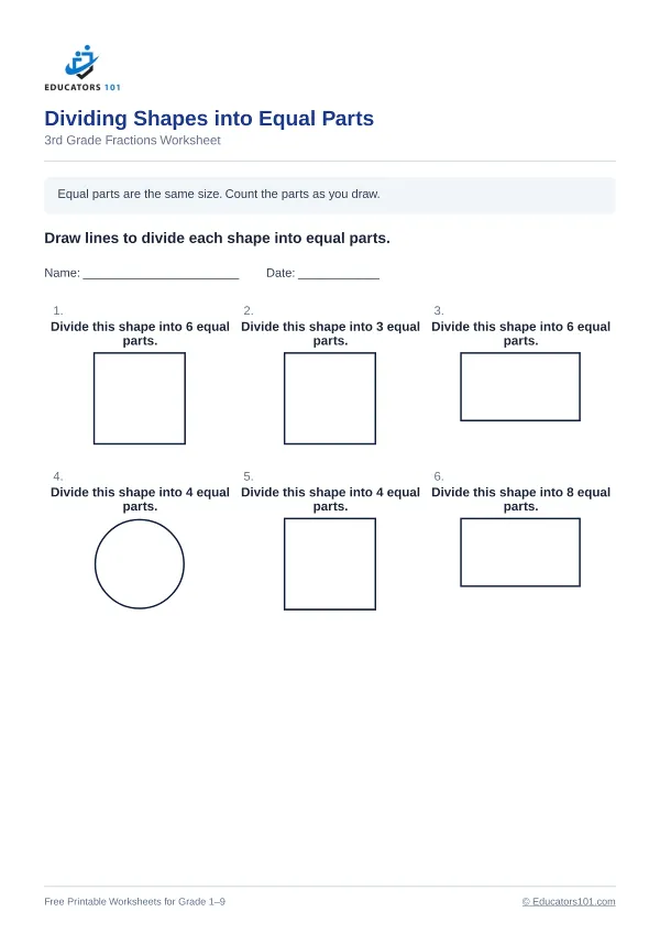 Dividing Shapes into Equal Parts worksheet 2 — 3rd Grade