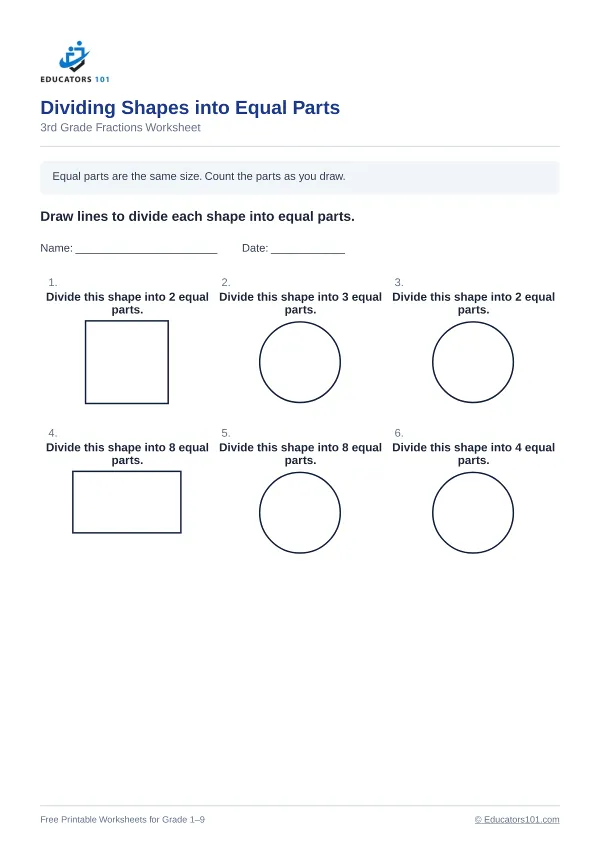 Dividing Shapes into Equal Parts worksheet 3 — 3rd Grade