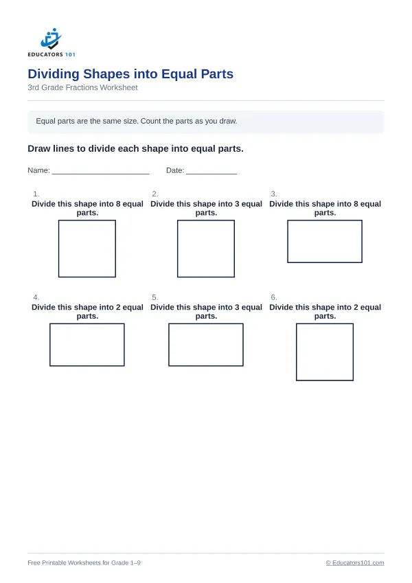 Dividing Shapes into Equal Parts worksheet 4 — 3rd Grade