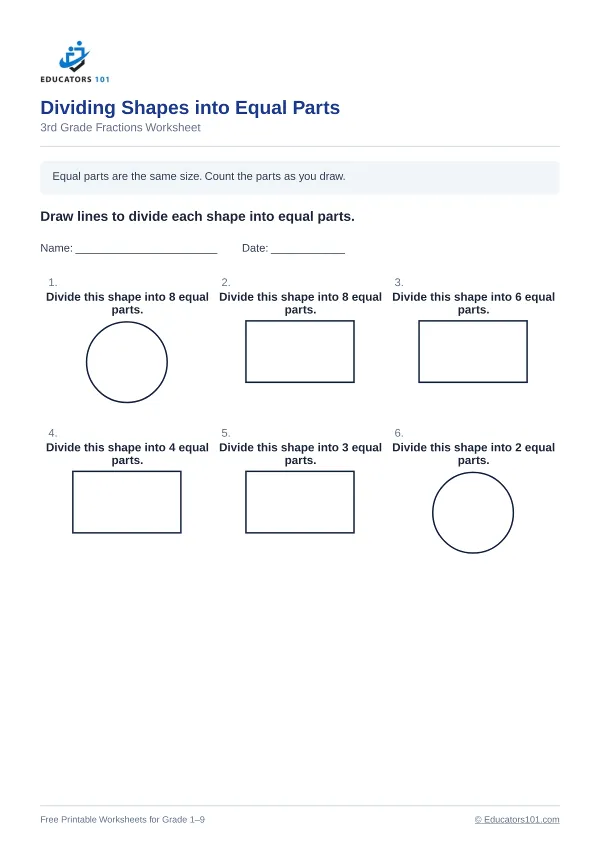 Dividing Shapes into Equal Parts worksheet 5 — 3rd Grade