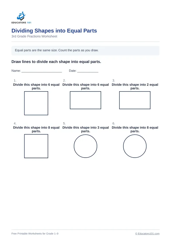 Dividing Shapes into Equal Parts worksheet 6 — 3rd Grade