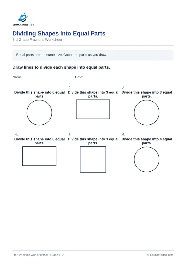 Dividing Shapes into Equal Parts worksheet 7 — 3rd Grade